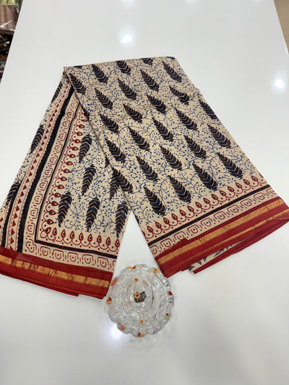 Pure Chanderi Silk Saree with Intricate Handblock Print and Blouse Piece – Traditional Wear for Women