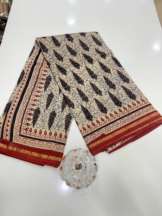 Pure Chanderi Silk Saree with Intricate Handblock Print and Blouse Piece – Traditional Wear for Women