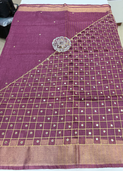 Pure Tissue 150 Count Linen Handloom Saree with Handwork and Running Blouse for Women