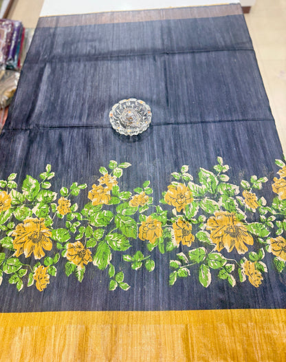 Pure Tussar Ghicha Silk Saree with Zari Border and Printed Design – Silk Mark Certified Handloom Saree