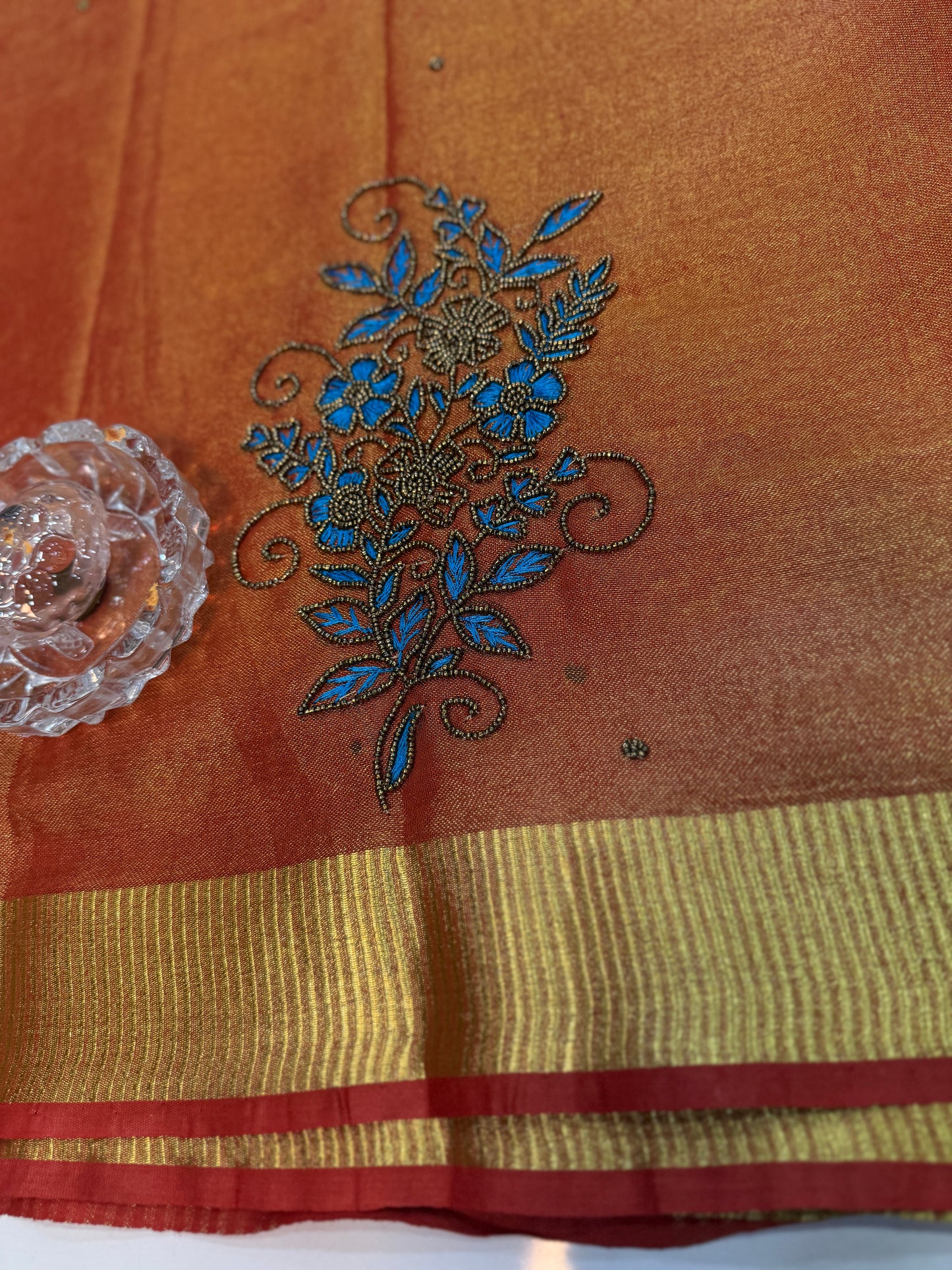 Pure Tissue 150 Count Linen Handloom Saree with Handwork and Running Blouse for Women