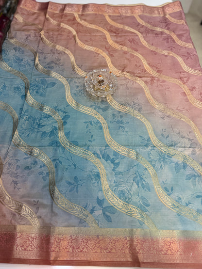 Bamboo Silk Floral Printed Saree with Rich Decorative Pallu, All Over Rich Leheriya Pattern