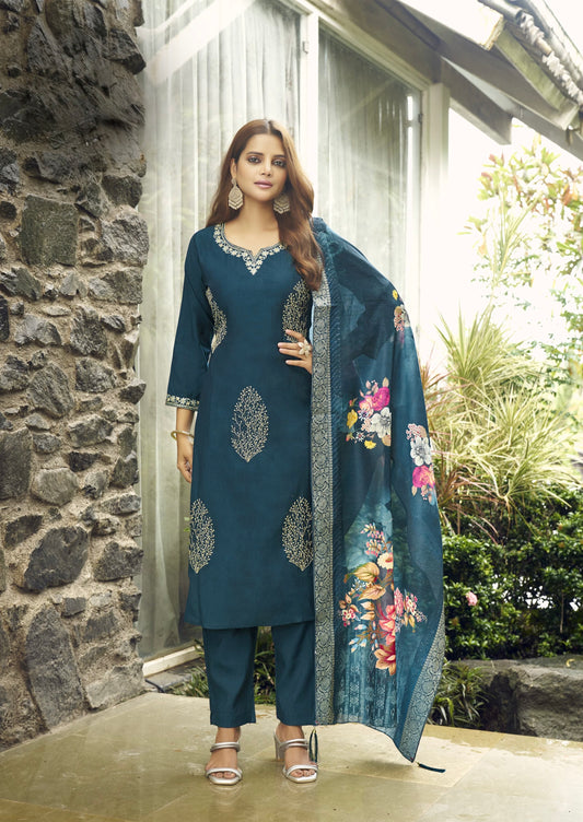 Viscose Vatican 3-Piece Straight Suit Set with Muslin Jacquard Dupatta and Swarovski Work for Women