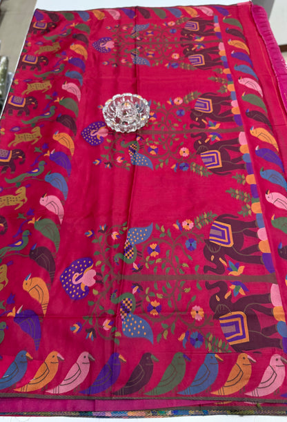 Soft silk printed saree with multicolour ethnic motifs and contrast blouse piece