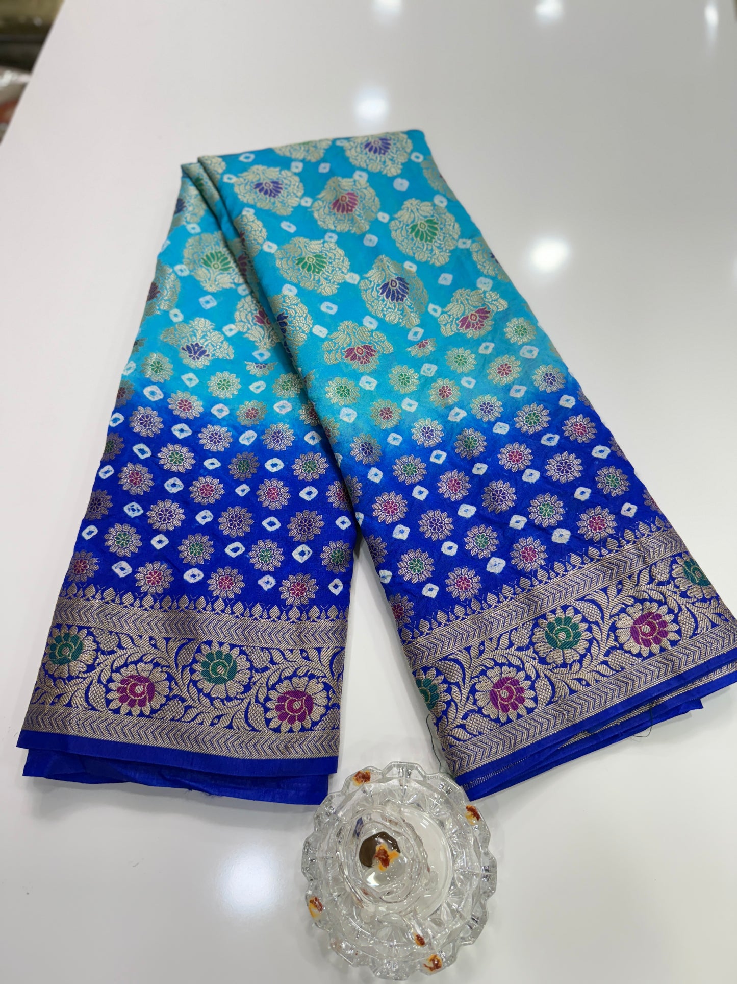 Banarasi dupiyan bandhani saree with semi-weaving neemjari work and hand chunri craftsmanship