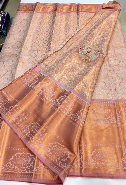 Bridal tissue saree for women with woven zari work and contrast border, kanchipuram style powerloom saree with blouse fabric
