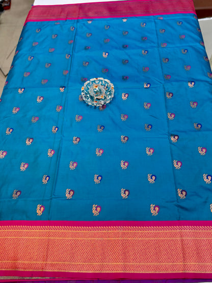 Paithani Soft Silk Saree with Zari Weaving and Contrast Blouse