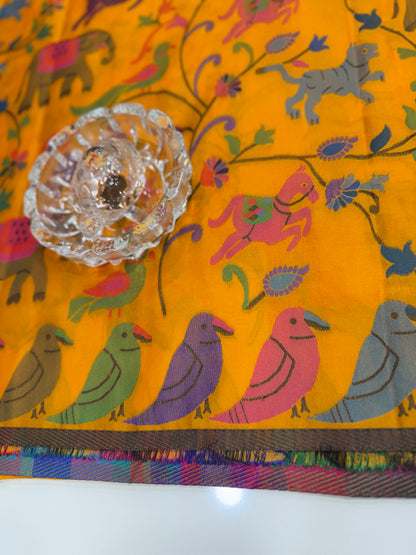 Soft silk printed saree with multicolour ethnic motifs and contrast blouse piece