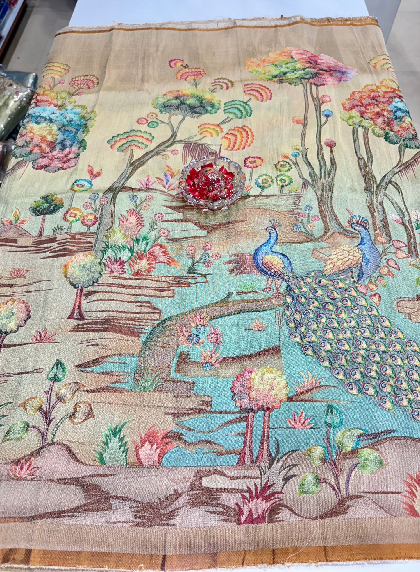 Pure Ziraf Silk Peacock Print Saree with Colorful Nature Motifs and Geometric Border – Soft Silk Printed Saree for Women