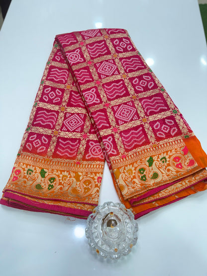 Pure Khaddi Georgette Banarasi Ghatchola Saree with Zari Weaving and Blouse Piece