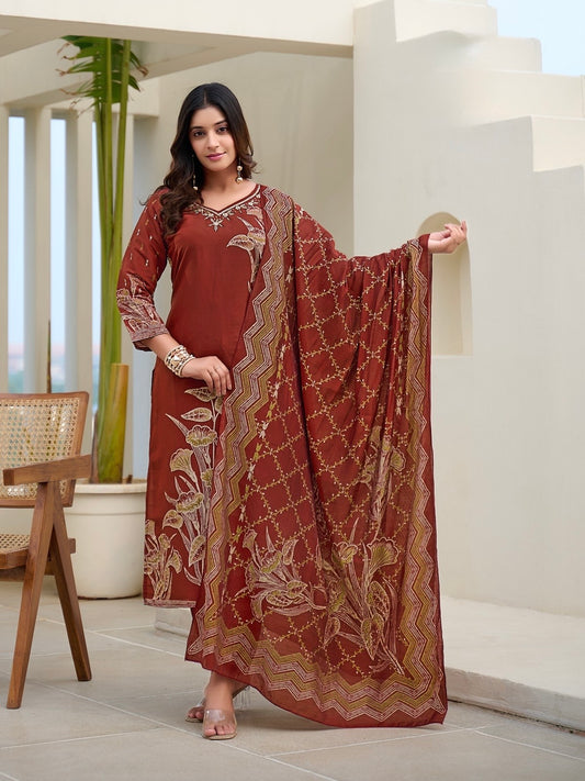 Modal Discharge Print Three-Piece Suit Set with Handwork – Sizes XL and XXL
