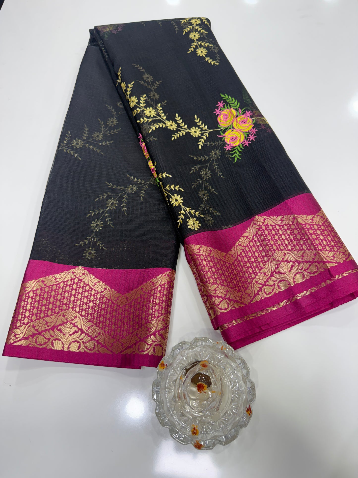 Banarasi kota silk saree with floral embroidery, contrast magenta zari border and matching blouse piece for women