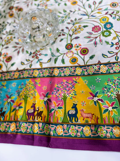 Japan satin saree for women with position print pallu and blouse, soft satin printed saree for festive and casual wear