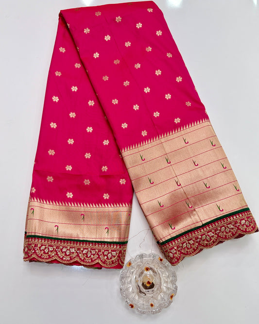 Paithani Lace Border Saree with Parrot Motifs and Contrast Blouse