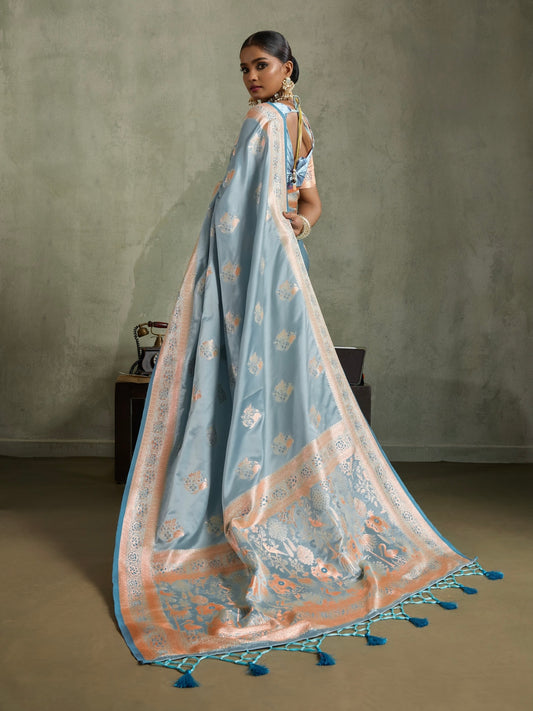 Satin Silk Saree with Zari Weaving and Meenakari Pallu for Women