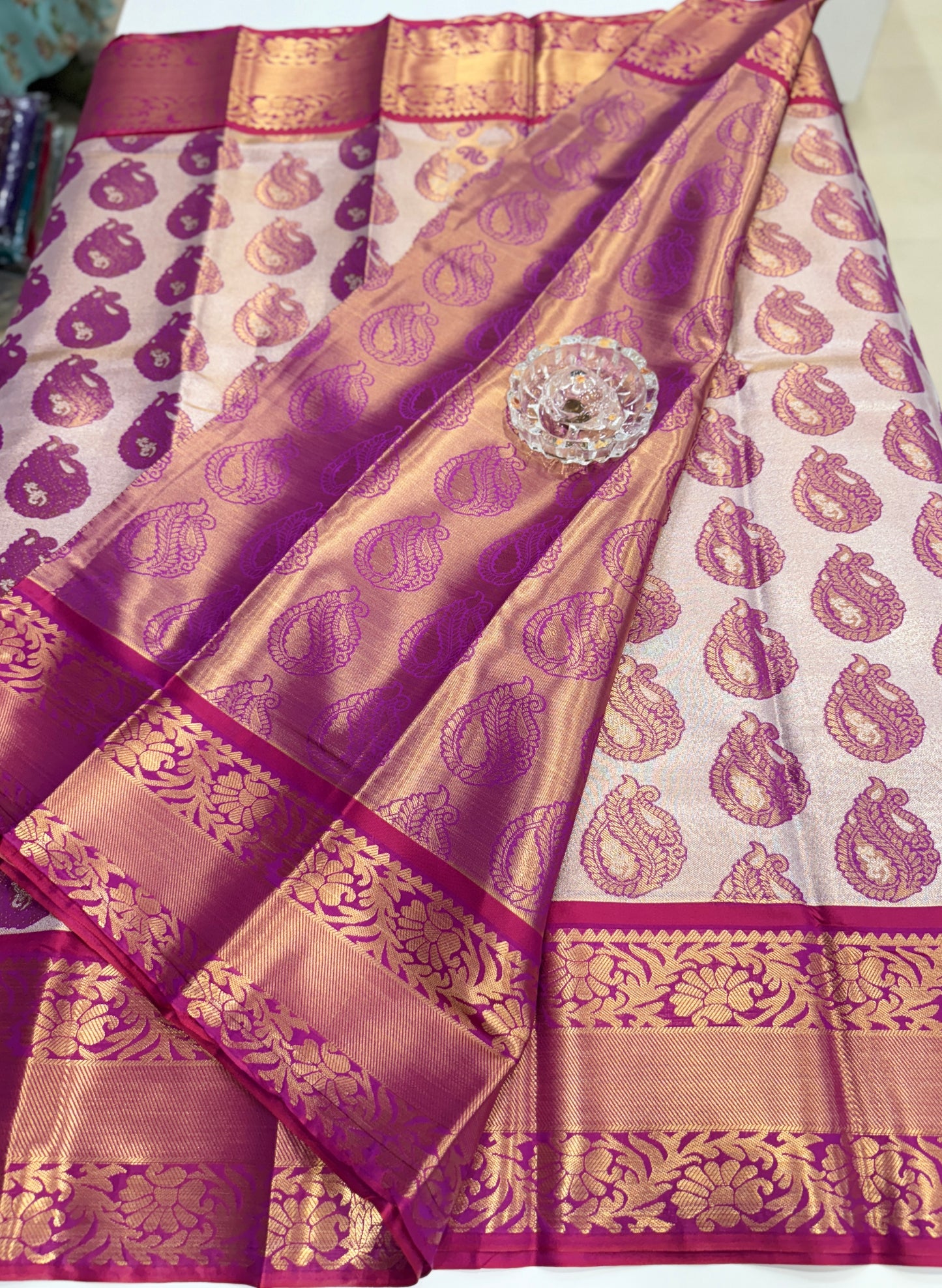 Bridal tissue saree for women with woven zari work and contrast border, kanchipuram style powerloom saree with blouse fabric