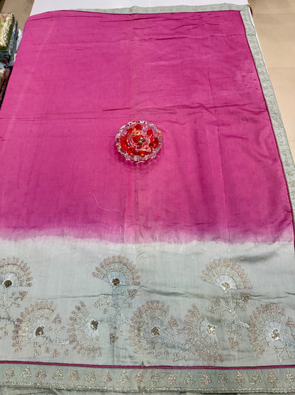 Omber Shaded Designer Silk Saree with Embroidery Lace Work, Patchwork and Art Silk Blouse