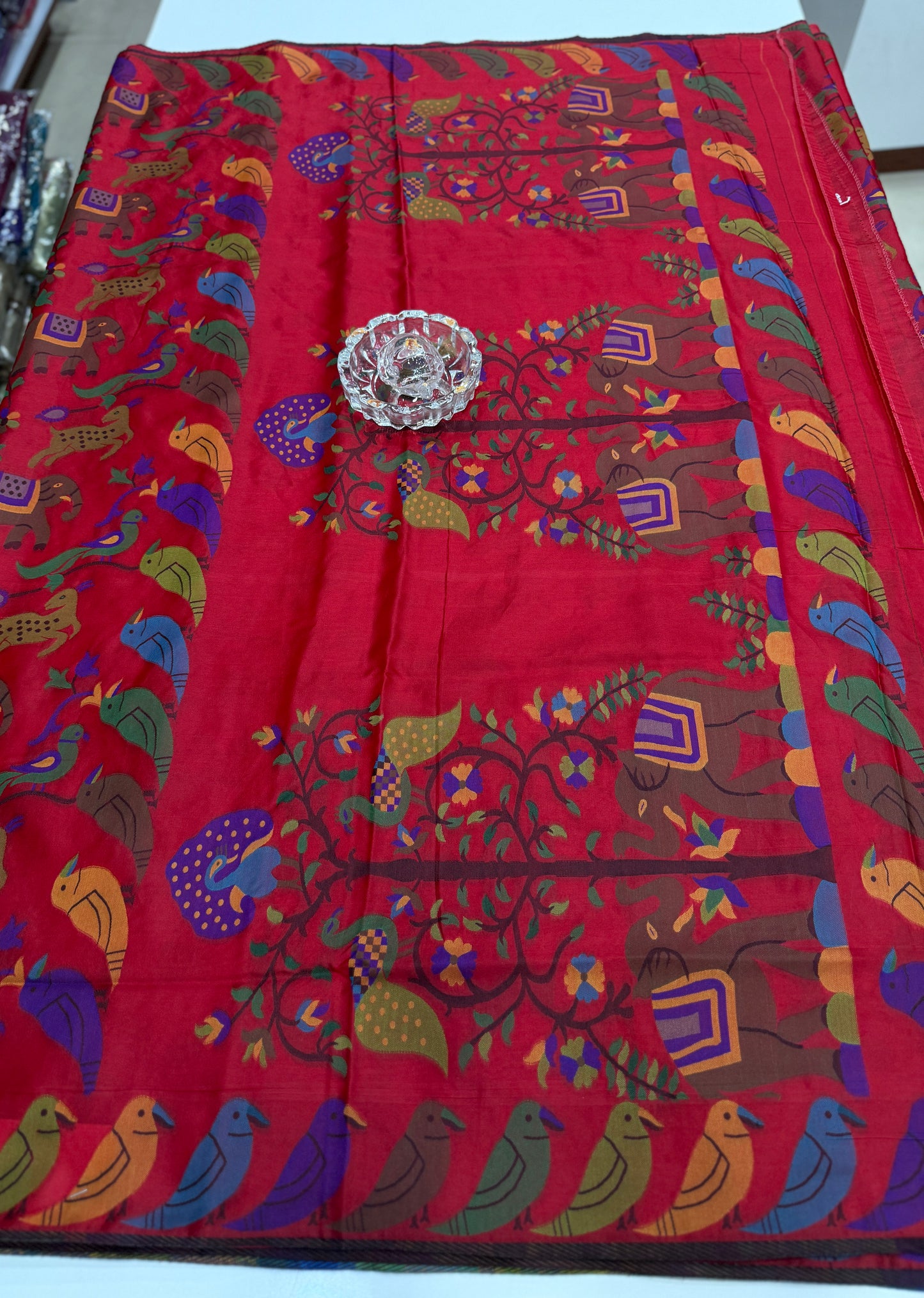 Soft silk printed saree with multicolour ethnic motifs and contrast blouse piece