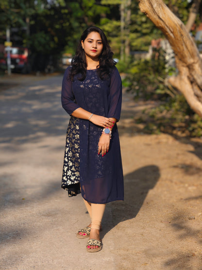 Navy Blue American Crepe Foil A-Line Kurta 4367