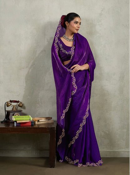Velvet Chiffon Saree with Dual Tone Zarkan Work and Designer Blouse – Partywear Saree for Women