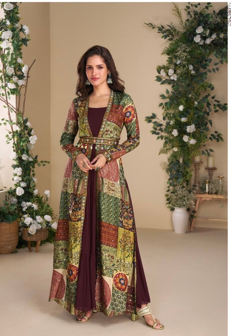 Real Georgette Gown with Hand-Embroidered Real Silk Shrug – Janvi 2-Piece Set for Women (Free Size)