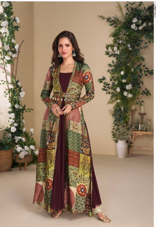Real Georgette Gown with Hand-Embroidered Real Silk Shrug – Janvi 2-Piece Set for Women (Free Size)