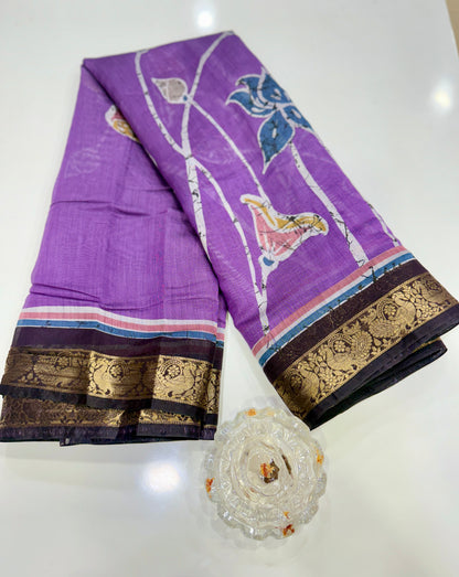 Chennuri silk style printed saree with traditional artwork border and unstitched blouse fabric for women