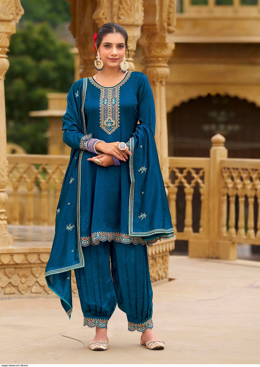 Silk Kurta Afghani Pant Dupatta Set with Fancy Work and Heavy Border Dupatta – XL & XXL