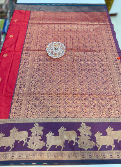 Handloom styled Silk Pichwai Saree with Woven Border and Contrast Blouse