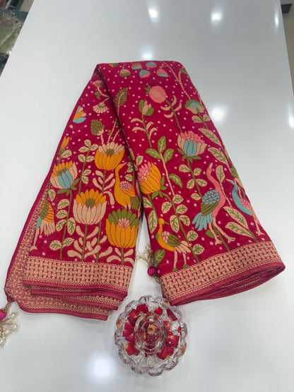 Pure Kaddi Georgette Zari Weaving Saree in Deep Pink with Paisley and Floral Motifs – Premium Festive & Wedding Wear Saree for Women