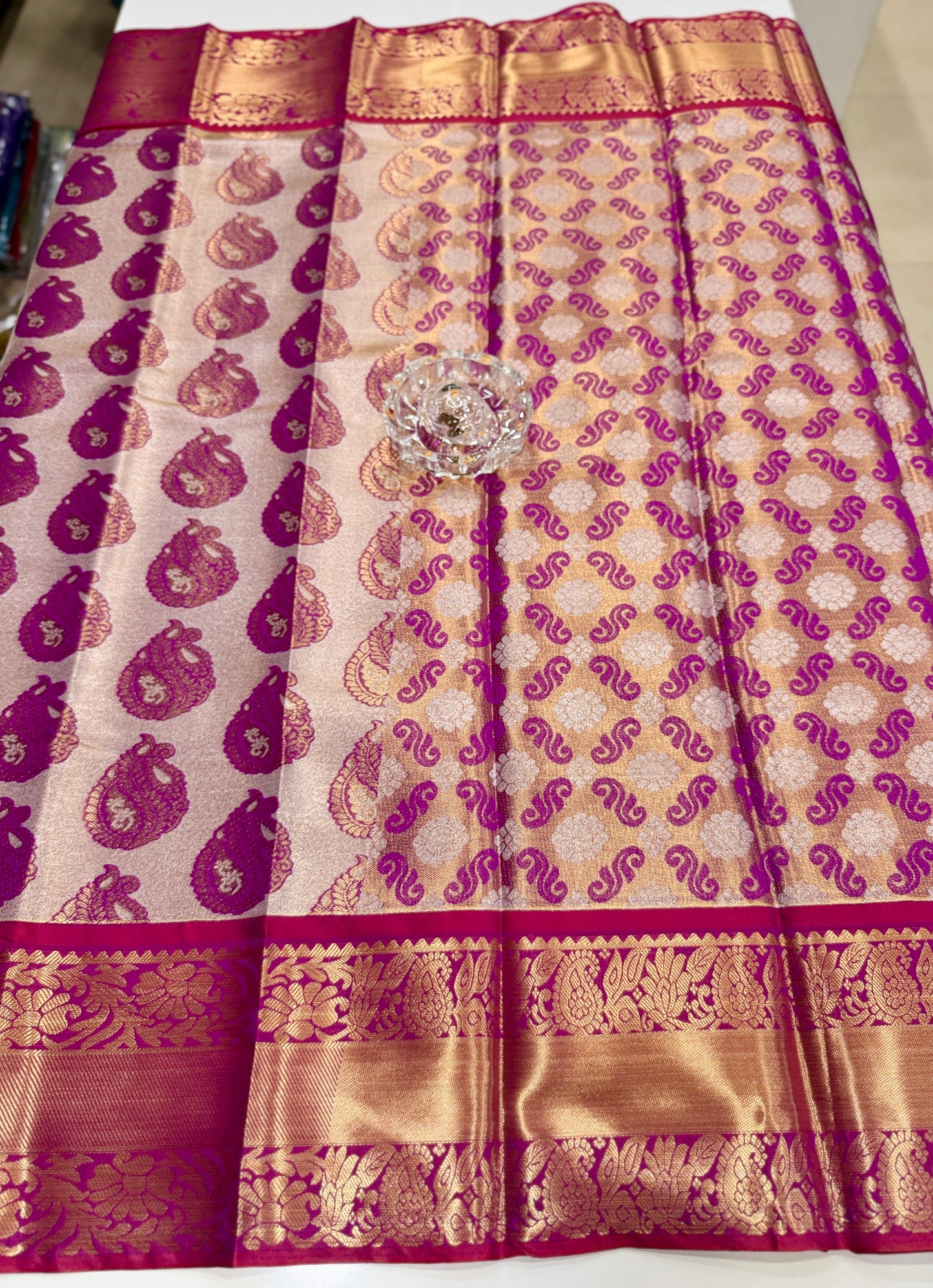 Bridal tissue saree for women with woven zari work and contrast border, kanchipuram style powerloom saree with blouse fabric
