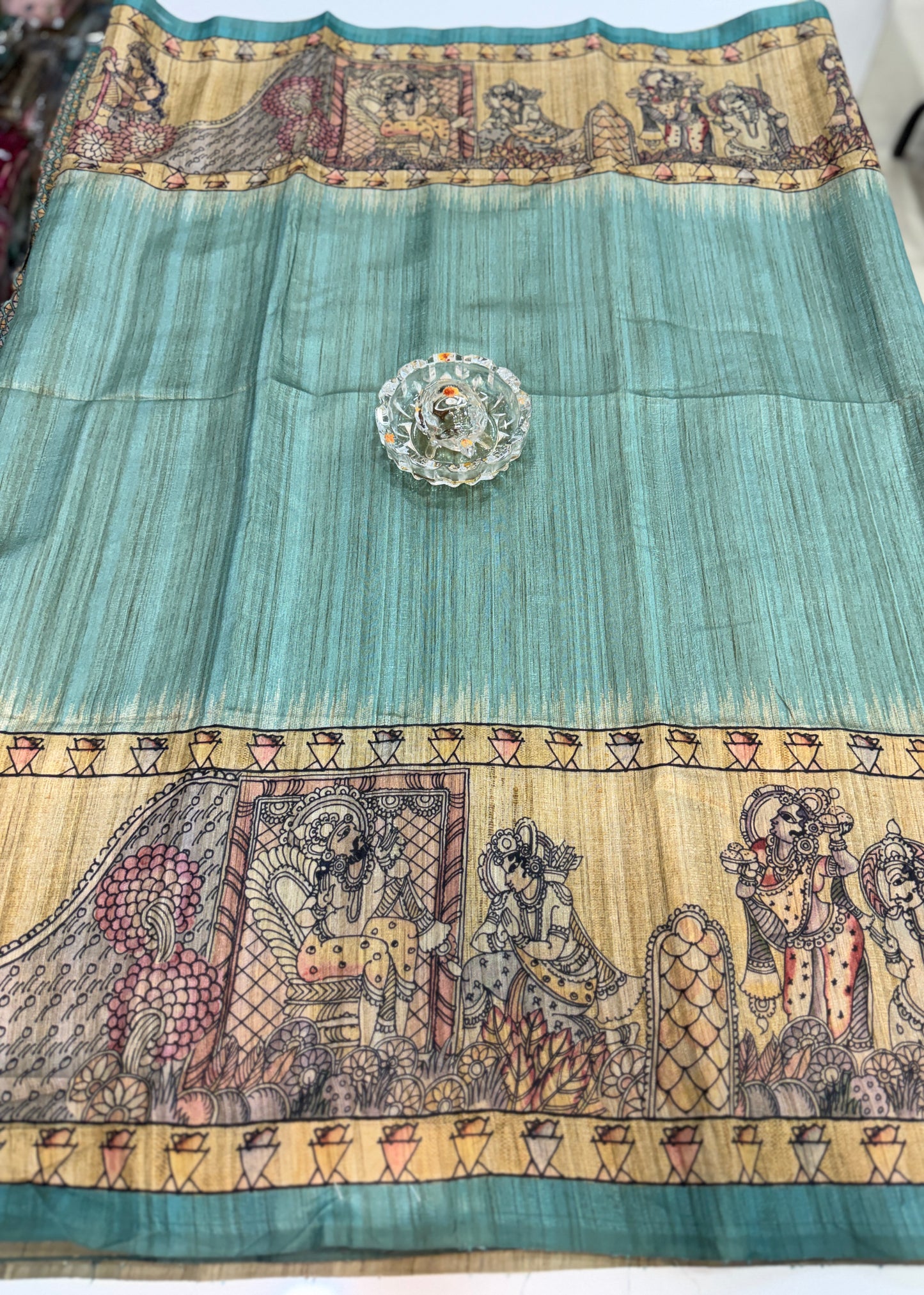 Spider Silk Saree with Folk Art Print Border and Tassel Pallu