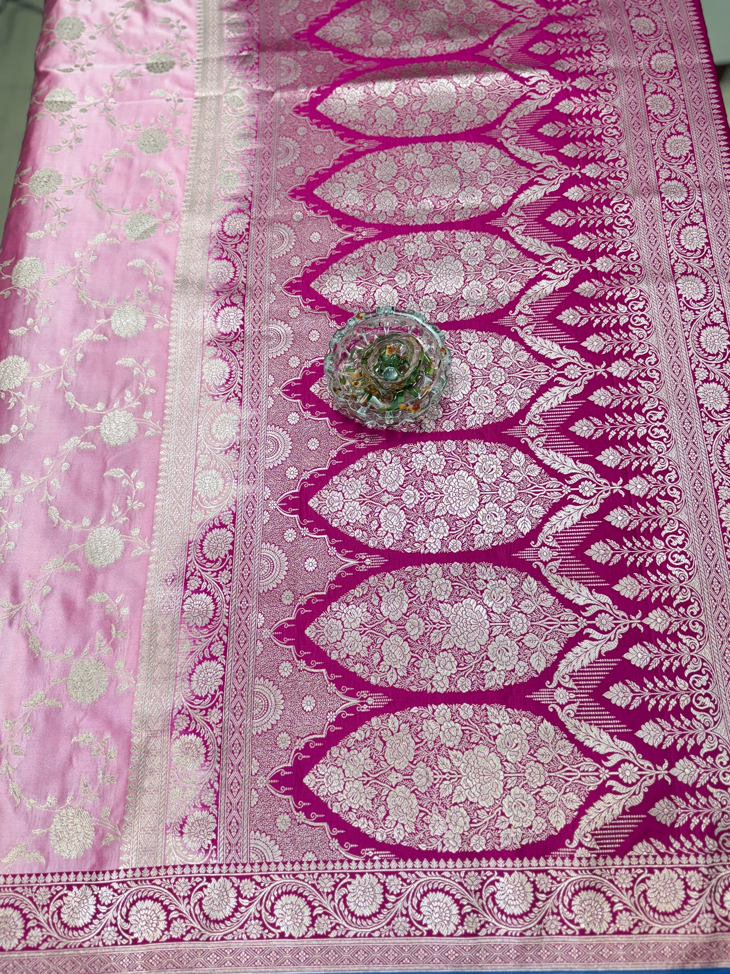 Banarasi Mashru Katan Silk Saree in Pink and Magenta with Contrast Blouse Piece – Women’s Festive Wear