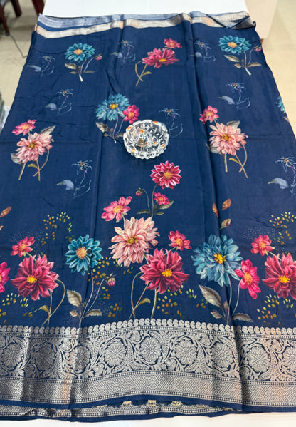 Russian Viscose Crepe Silk Chittpallu Saree with Heritage Print and Zari Border for Women