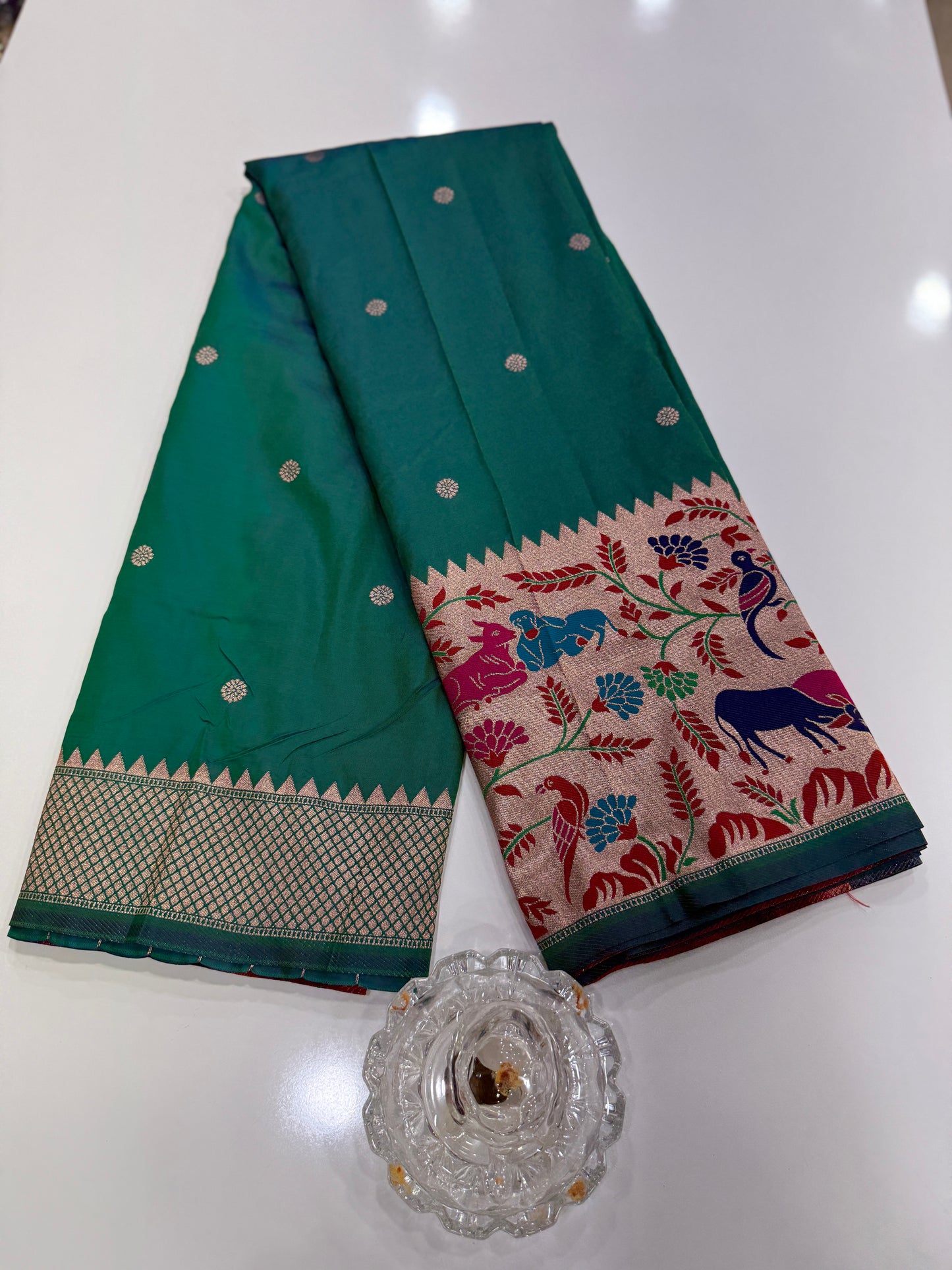 Paithani printed soft silk saree with zari-style border and contrast blouse for women