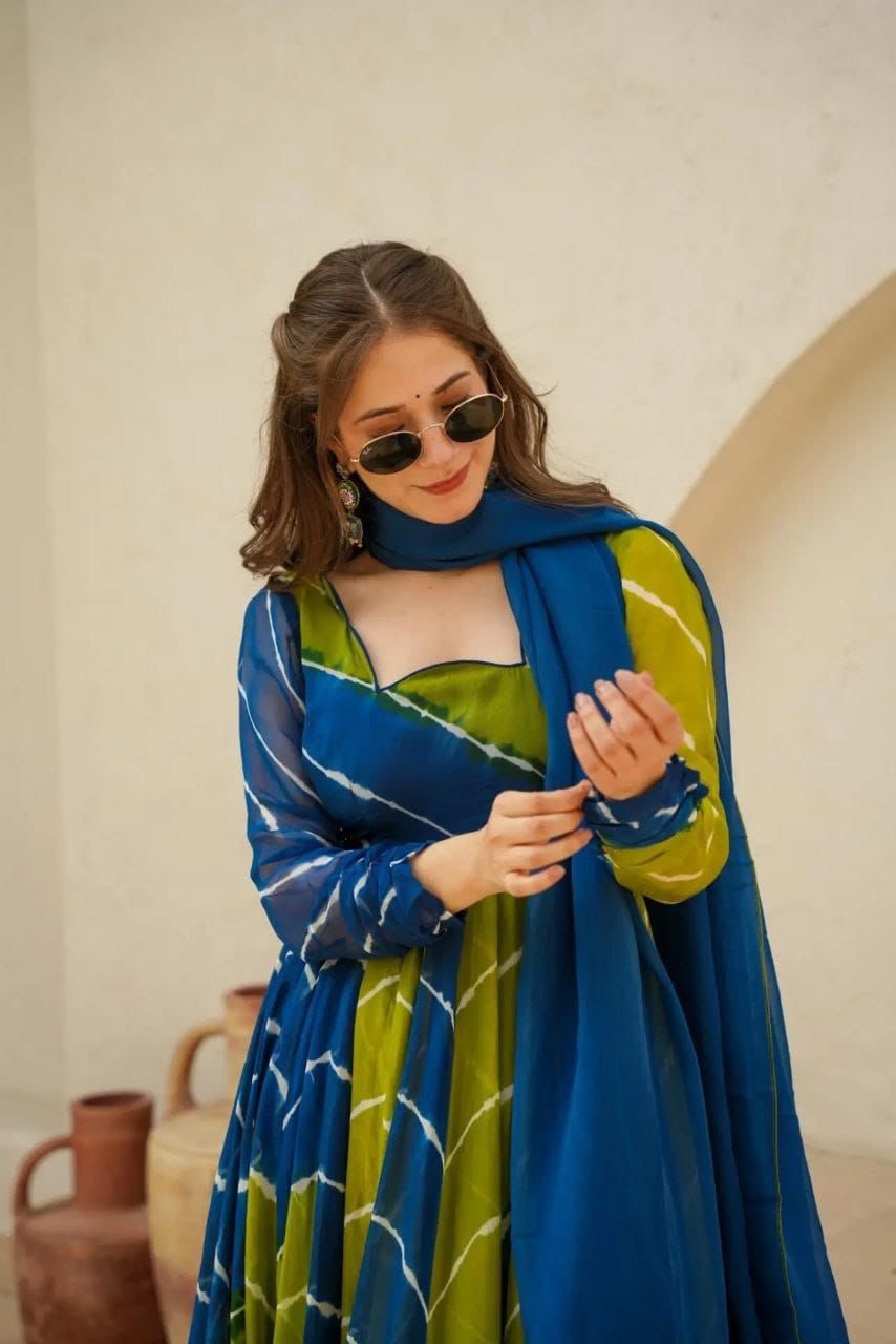 Vrinda Leheriya Georgette Suit Set for Women with Anarkali Dupatta – Blue & Green | Yellow & Dark Grey
