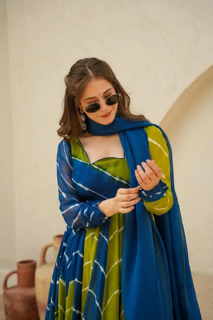 Vrinda Leheriya Georgette Suit Set for Women with Anarkali Dupatta – Blue & Green | Yellow & Dark Grey
