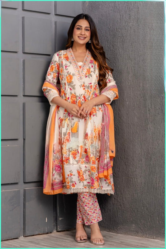 Floral Printed Cotton Suit Set for Women with Thread and Mirror Embroidery – A-Line Style