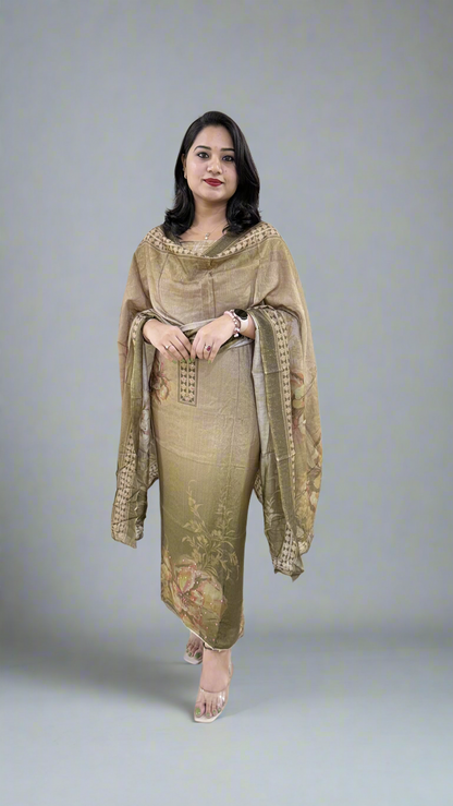 Pure Viscose Muslin Shimmer Fabric with Digital Printing, featuring Heavy Aari Sequence Mirror Work