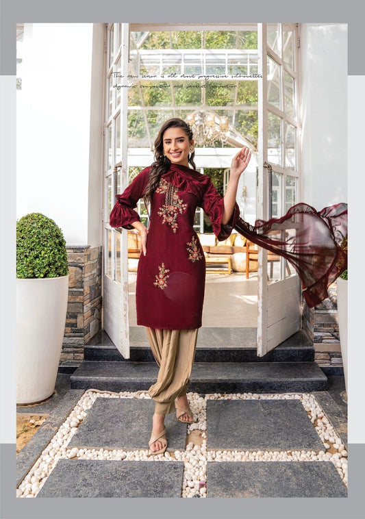 Bamber Silk Kurti Afghani Pant Dupatta Set with Embroidery and Chinon Chiffon Dupatta – Sizes L to 3XL