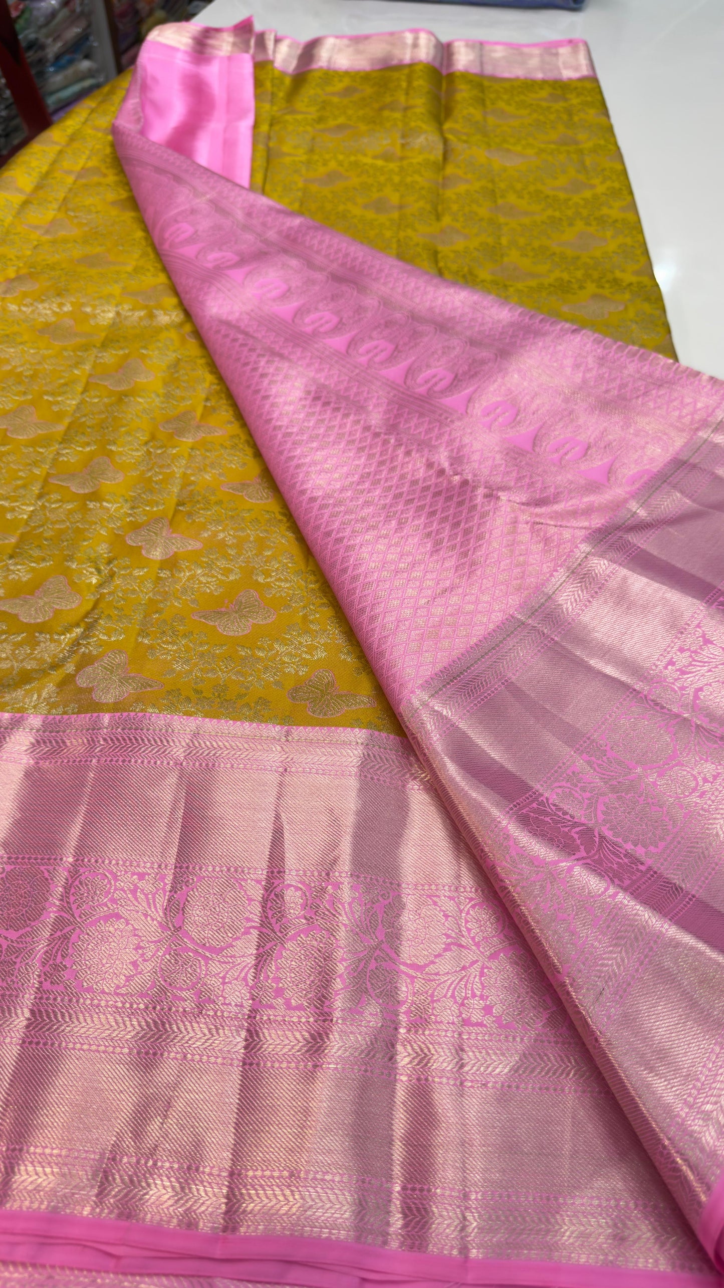 Handloom Kanchi Silk Saree with Silver Zari Weaving in Mustard Yellow for Women