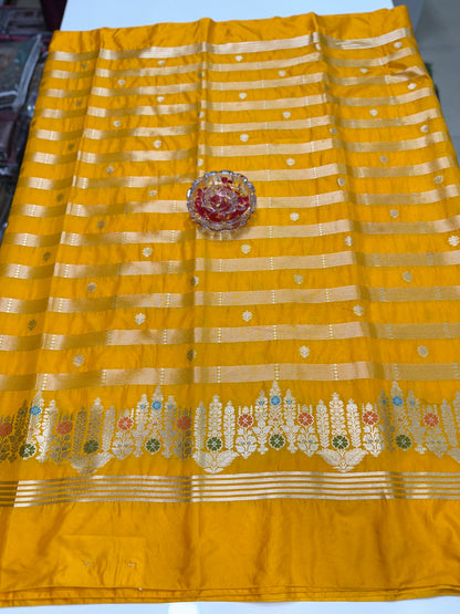 Banarasi Semi Katan Silk Saree with Meenakari Satin Border and Gold Zari Weaving – Traditional Festive Saree for Women