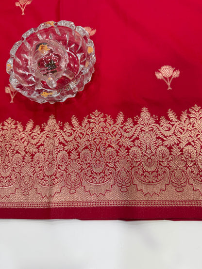 Soft silk saree with woven floral border and contrast brocade blouse piece