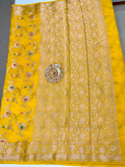 Banarasi Semi Dupion Silk Saree with Jaal Meenakari Design and Gold Zari Weaving Blouse Piece