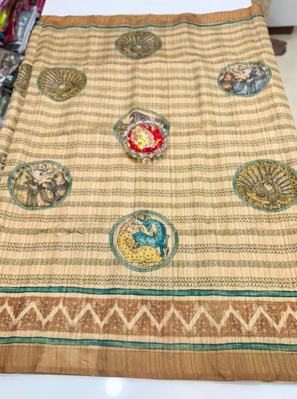 Silk Blend Printed Saree with Traditional Art Motifs and Glossy Texture – Festive Wear for Women