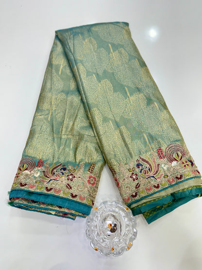 Tissue Silk Saree with Embroidery, Sequin, and Mirror Work Border – Festive Saree for Women
