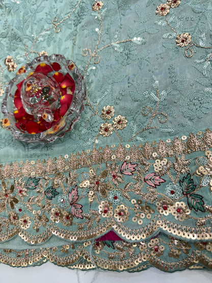 Sea Green Pure Banarasi Silk Saree with Lucknowi & Jarkan Heavy Work – Festive Banarasi Designer Saree for Women