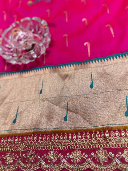 Paithani Lace Border Soft Silk Saree with Contrast Blouse for Women