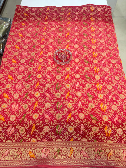 Pure Kaddi Georgette Zari Weaving Saree in Tomato Red with Buti and Cross-Zari Pattern – Traditional Banarasi-Inspired Festive Saree for Women