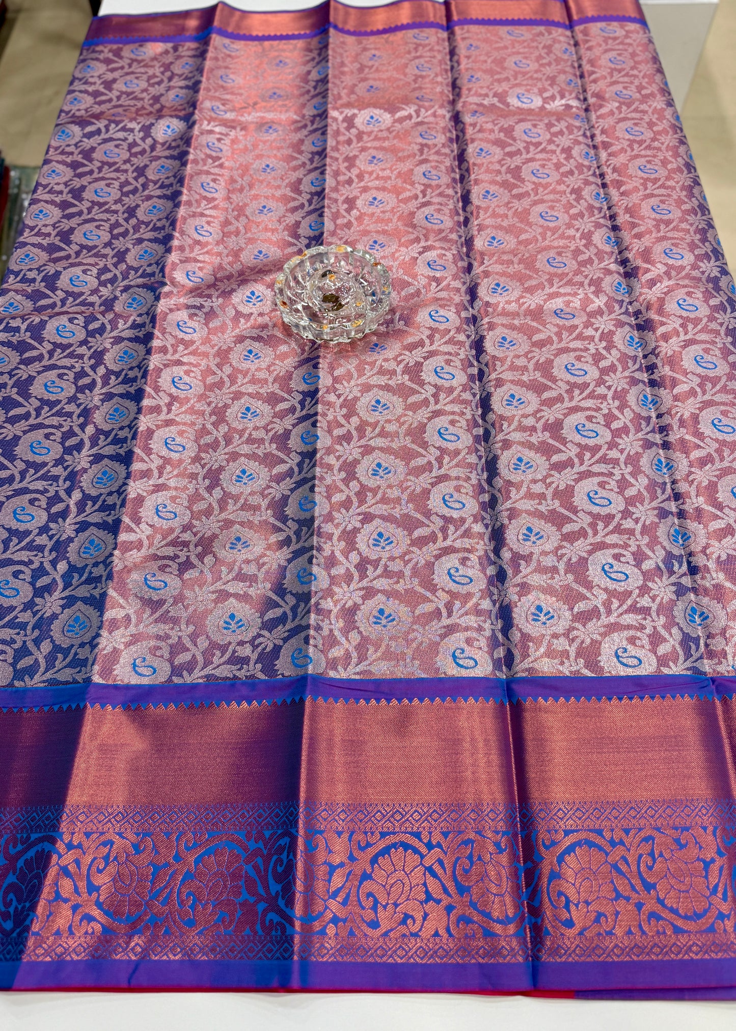 Bridal tissue saree for women with woven zari work and contrast border, kanchipuram style powerloom saree with blouse fabric